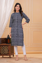 lack & Grey Printed Cotton Long Kurta for Women – Elegant Monochrome Style in Pure Cotton